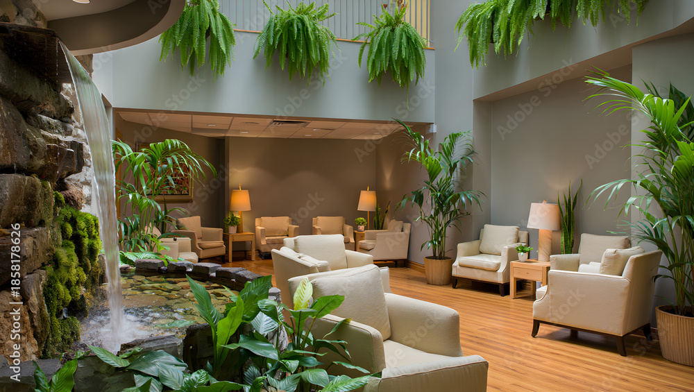 Fototapeta premium Elegant Spa Waiting Room Elegant spa lounge with stone waterfall and tropical plants