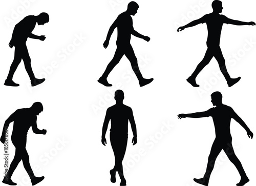 Man walking silhouette set, male person in motion with various side and front views, active lifestyle poses, vector illustration isolated on white background.