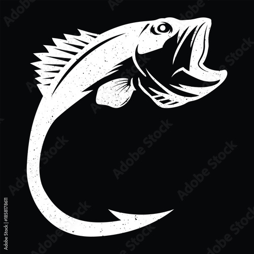 Dynamic bass fish illustration forming a fishing hook with its tail for fishing enthusiasts