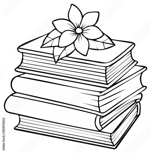Stack of books with a flower on top, vector illustration, outline, educational concept
