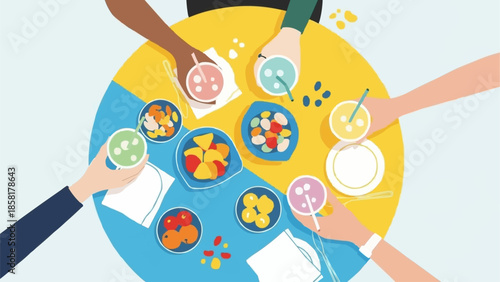 Diverse group of people enjoying a healthy fruit salad meal together.