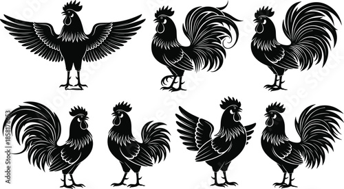 Rooster silhouette set, black chicken and cock birds crowing with open wings, farm animal poultry collection, vector illustration isolated on white background.