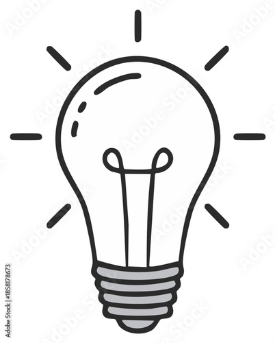 Hand drawn illustration of a glowing light bulb with radiating lines representing an idea or inspiration