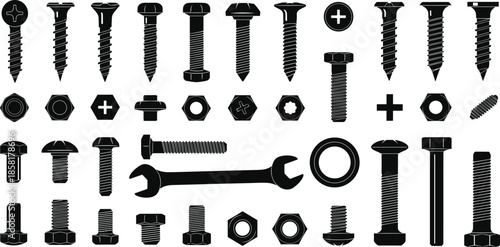 Screws and bolts silhouette set, industrial hardware fasteners and metal nuts collection, maintenance tools vector illustration isolated on white background for construction design.