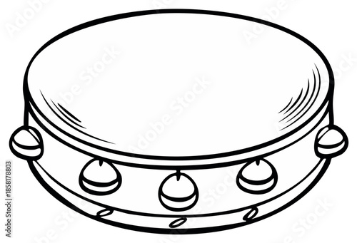 Illustration of an Uncolored Tambourine Music Instrument, Featuring Circular Wooden Frame and Small Metal Jingle Elements