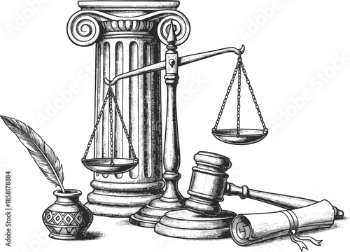 An illustration of justice, legal authority, and societal principles presented through timeless symbolic elements, embodying the ideals of fairness, jurisprudence, and ethical governance.