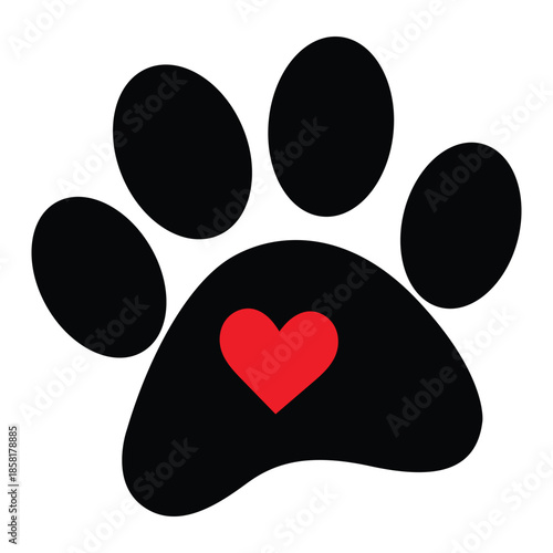 A charming black paw print with a vibrant red heart in the center, symbolizing pet love and animal care