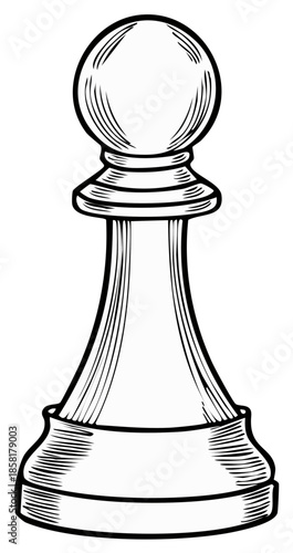 Engraved Chess Pawn: Strategic Game Piece Illustration, Hand-Drawn Style, Black and White Art