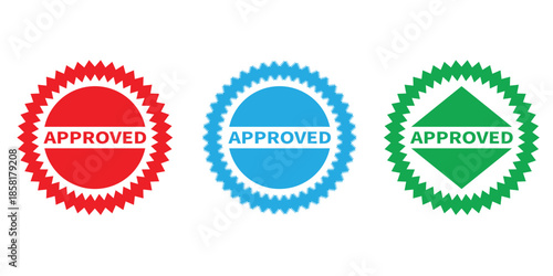Set of Colorful Approved Rubber Stamps in Red Blue and Green for Business Verification and Quality Certification
