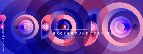 Abstract circles overlap, creating vibrant blue, purple, pink gradients. Text reads background design within central shapes. Modern, dynamic composition.