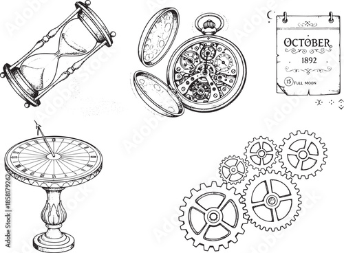 A monochrome composition featuring an antique hourglass, an opened pocket watch showcasing its intricate inner mechanism, an old calendar, a sundial, and a set of interconnected gears.