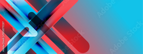 Abstract geometric shapes overlap. Blue, red hues dominate design. Modern aesthetic, clean lines create dynamic visual impact.