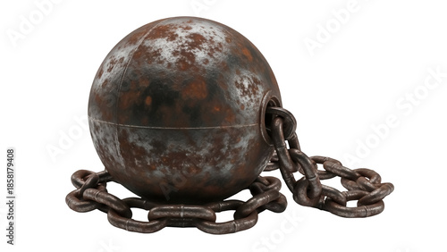 Photos Rusty iron ball and chain PNG isolated, medieval shackle for prisoner restraint