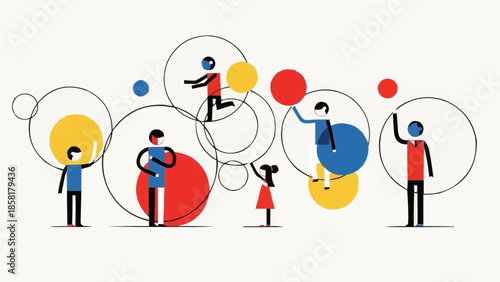 Diverse group of people interacting within colorful circles.