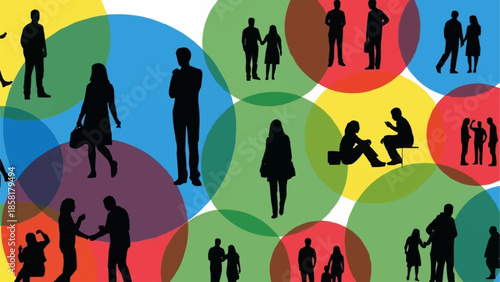 Diverse group of people interacting within colorful circles.