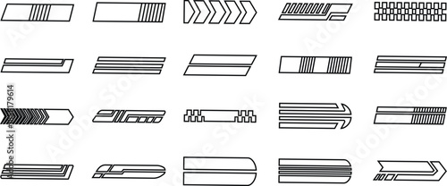 Black Racing Stripes Line Style Vector Icon Set, Speed Mark Symbol Collection and Dynamic Outline Graphic Group Featuring Motion Lines, Chevron Arrows and Fast Design Elements
