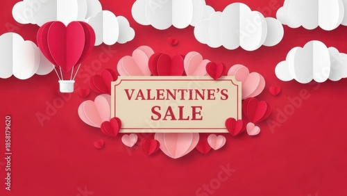Valentine Promo Banner: Hot air balloon heart and paper hearts frame on red background with white clouds for retail