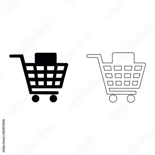 Shopping cart icon and button vector illustration for a retail e-commerce web store featuring a professional business symbol for an online market basket and supermarket trolley to buy items on sale