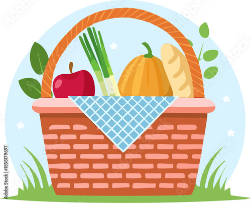Flat vector illustration of a wicker picnic basket filled with bread, fruit, and vegetables on grass. Generative AI