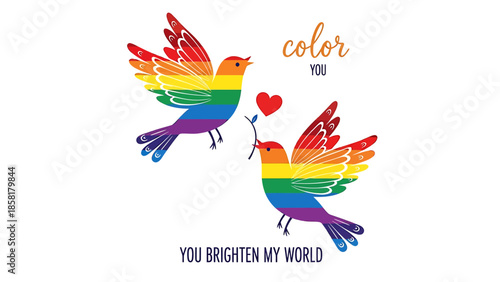 Vibrant rainbow birds sharing love with heart