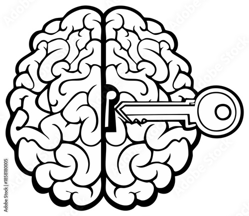 Unlock Brain Potential: Key unlocking brain. Idea, intellect. Mind solving problems, opening solution.