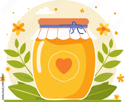 Flat vector illustration of a glass jar filled with golden honey, decorated with flowers and leaves. Generative AI