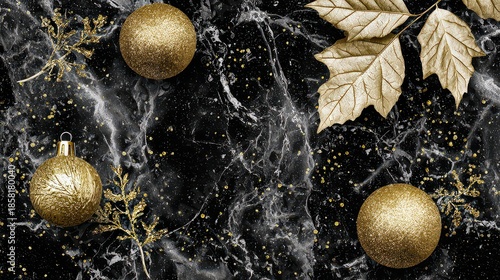 Luxury Gold Christmas Ornaments and Leaves on Dark Marble Background Festive Holiday Decoration with Glittering Details