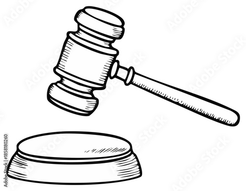 Hand-Drawn Gavel Auction Tool for Legal Rulings and Judgments in Outline Illustration