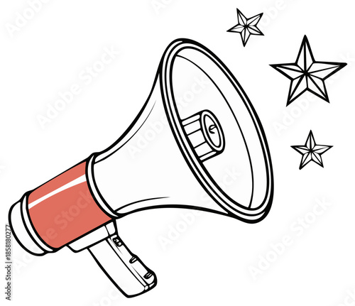 Illustration of a megaphone with radiating stars announcing news or making an announcement