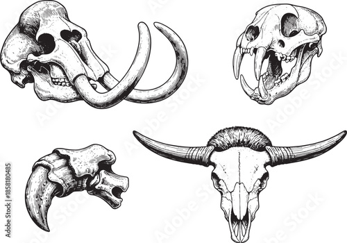 A meticulously detailed monochrome illustration showcases four ancient animal skulls, each one a testament to prehistoric existence. The drawing style creates a dramatic effect.