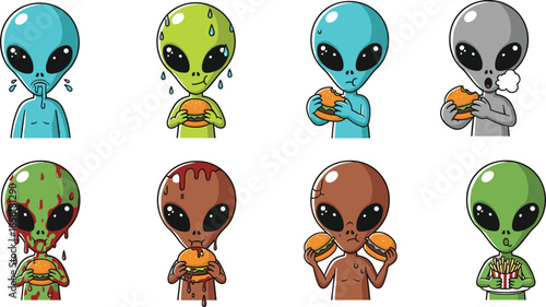 Cute alien cartoon characters eating fast food showing funny expressions isolated colorful vector illustration set for kids entertainment design collection