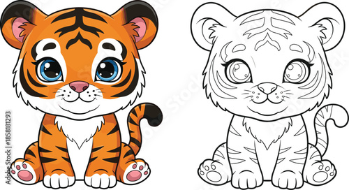 Cute baby tiger cartoon illustration with colored and outline versions isolated vector character for kids coloring book design activity page