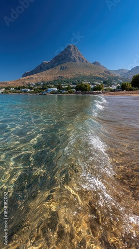 Mediterranean Sea Sparkles Under Clear Blue Sky Near Coastal Village and Rugged Mountain Under Bright Sunlight in Aegean Turkey