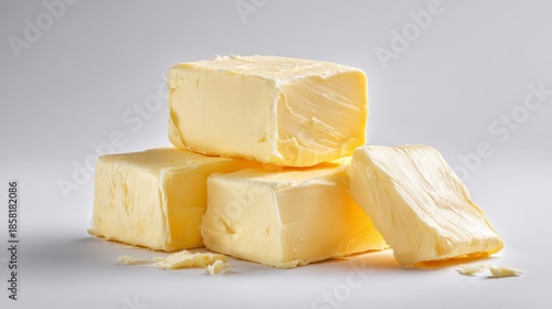 Four golden-yellow butter cubes, stacked and arranged, sit on a white surface with shadows. The light illuminates the textured surfaces