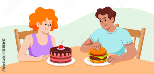 This joyful image captures two friends sharing a meal, highlighting the joyous moments of friendship with a cake and burger, celebrating food and company in a light-hearted manner.