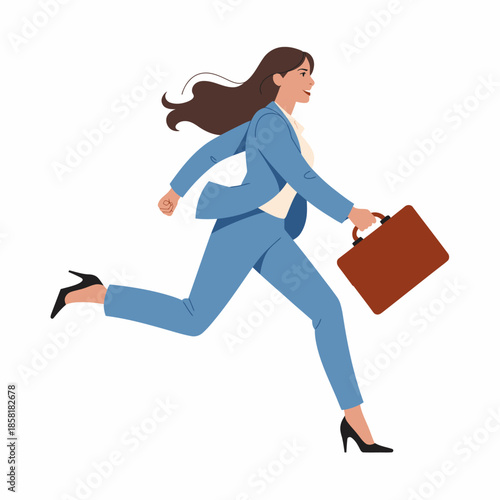 An energetic businesswoman depicted in a dynamic pose, running with a briefcase in her hand, representing ambition, determination, and the hustle of the professional world.
