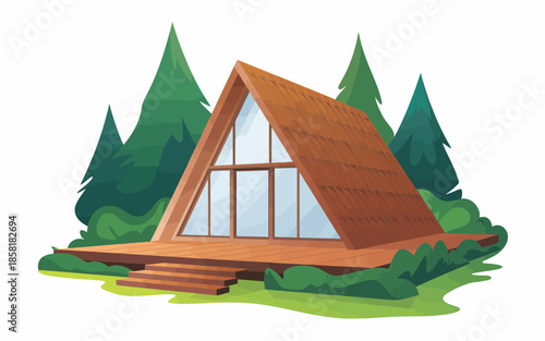 A contemporary A-frame cabin nestled among tall trees, presenting a serene and inviting outdoor space ideal for nature lovers and those seeking a getaway.