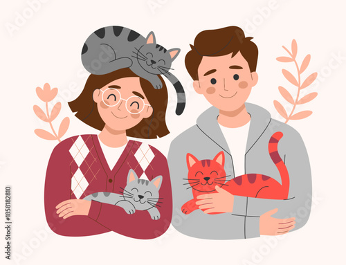 A cheerful couple embraces their adorable cats amidst a cozy home atmosphere, symbolizing love, companionship, and the joy of pet ownership in life.