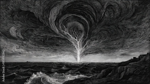 Monochrome Seascape with Horizon and Textured Dark Sky