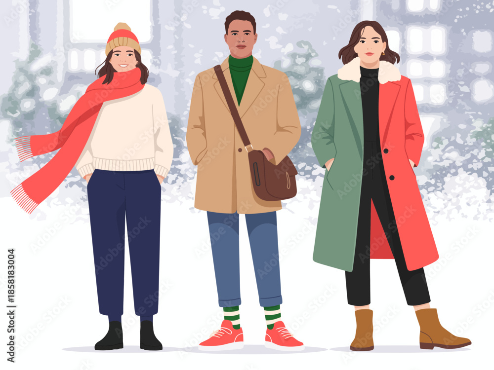 Φωτογραφία Three stylish individuals stand in winter attire against a snowy backdrop, embodying fashion, warmth, and camaraderie in a picturesque seasonal setting