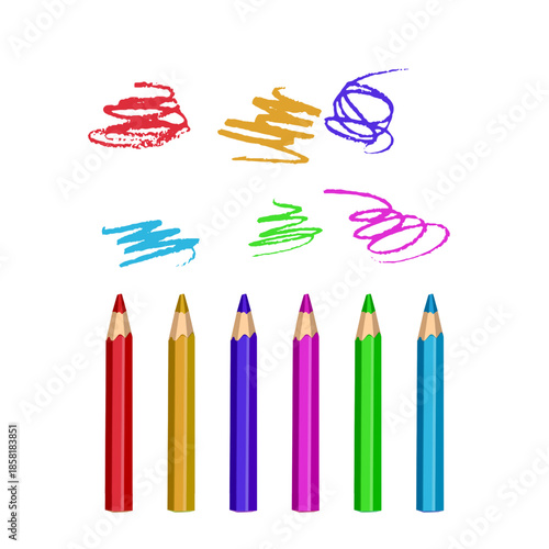 Set of six bright colored Pencils (red, yellow, purple, pink, green, blue) with hand-drawn scribbles above each one. Minimalist and clean design on a white background. Perfect for back-to-school theme