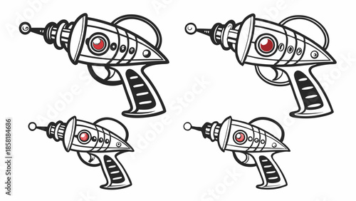Four Vintage Sci Fi Ray Guns Black and White Illustration Set Retro Future Blaster Weapons Design Comic Book Style Pop Culture Nostalgia