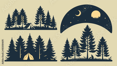 Rustic Pine Forest Silhouette Set Camping Adventure Logo Badges Night Sky Vector Graphic Design Elements