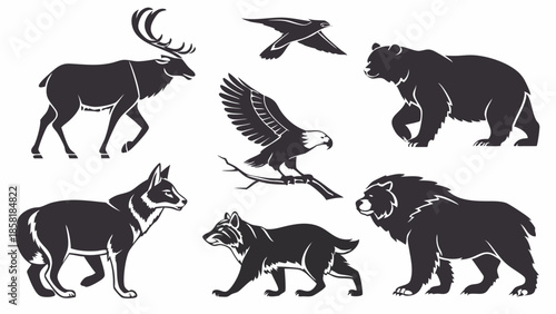 North American Wildlife Vector Icon Set Forest Animals Silhouettes Bear Wolf Eagle Lynx Graphic Design Elements