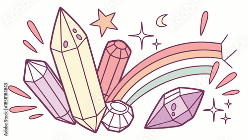 Magical Pastel Crystals and Rainbow Vector Illustration Whimsical Gemstone Cluster for Spiritual Wellness and Cute Design