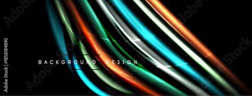 Abstract dark background features vibrant neon lines. Dynamic curves create modern visual effect. Smooth gradients enhance depth, texture.
