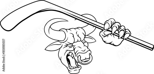 A bull or Minotaur monster longhorn cow angry mean ice hockey mascot cartoon character.
