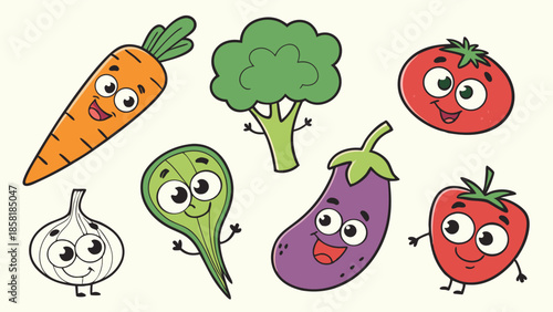 Cute Cartoon Vegetables Set Happy Broccoli Carrot Tomato Eggplant Garlic Mascot for Healthy Food and Kids Nutrition