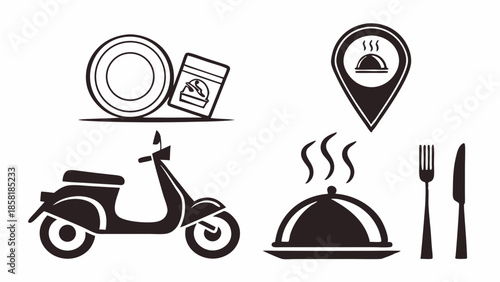 Restaurant Food Delivery Icon Set Online Ordering App Graphics Scooter Takeout Service Logistics Monochrome Design