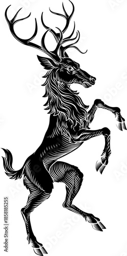 A heraldry coat of arms crest style rearing heraldic male deer or stag hart standing on hind legs in a vintage woodcut style